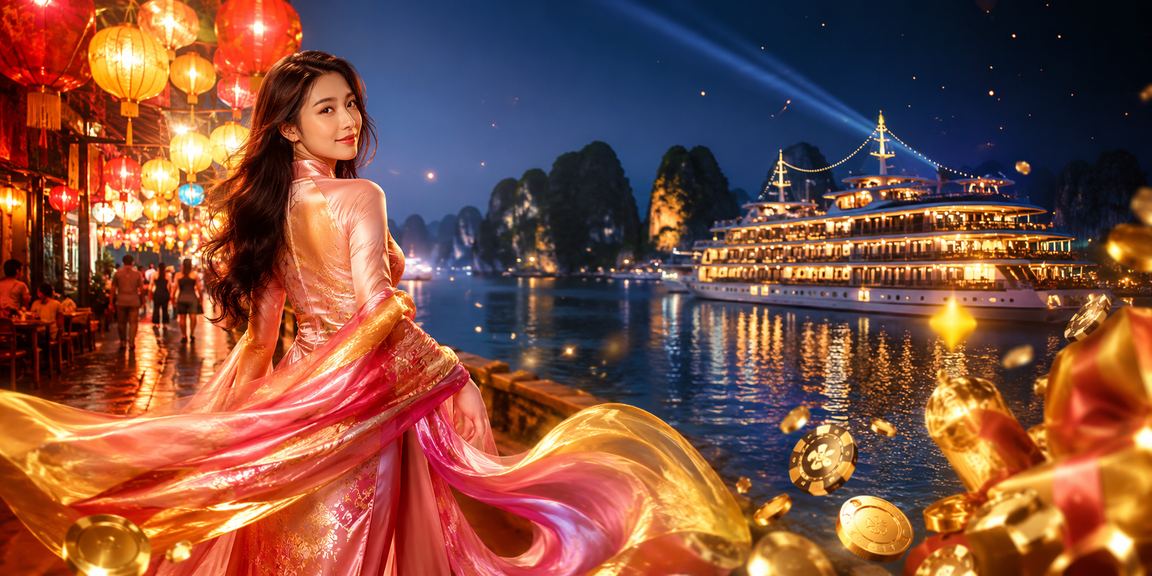Cảnh vịnh Hạ Long tráng lệ kết hợp với trải nghiệm giải trí casino trực tuyến và áo dài Việt Nam