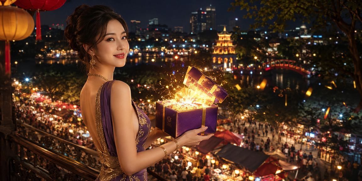 Khu chợ đêm Hà Nội về đêm với ánh đèn lung linh, biểu tượng cho sự sôi động của giải trí trực tuyến tại Việt Nam