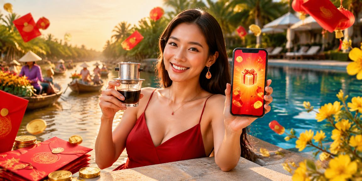 Phong bì đỏ may mắn và cà phê Việt Nam bên bờ sông Mekong, biểu tượng thưởng lễ hội trực tuyến